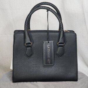 La Terre Black Peta Apprvd Vegan Braided Handle Gold Accent Feet Handbag w/Strap